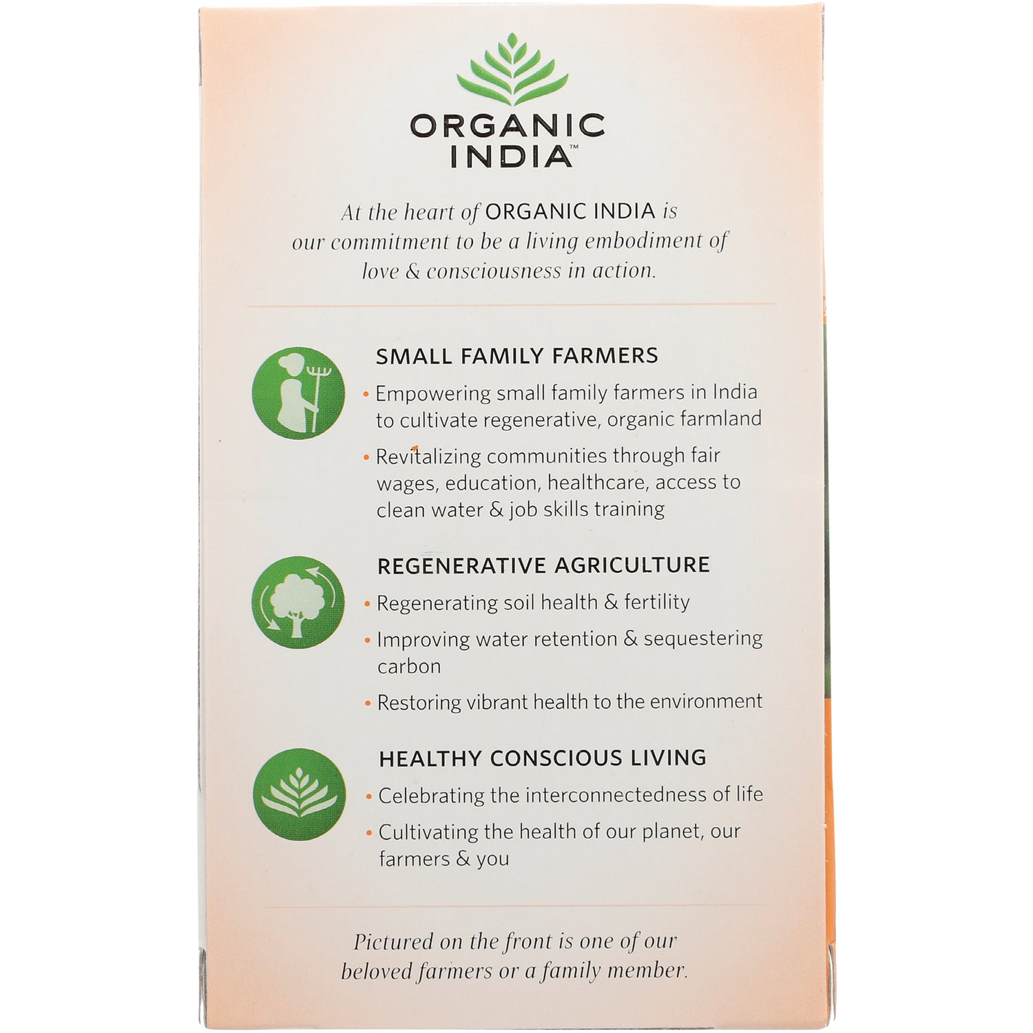 RGN074 | Organic India product infographic highlighting small family farmers, regenerative agriculture, and healthy conscious living