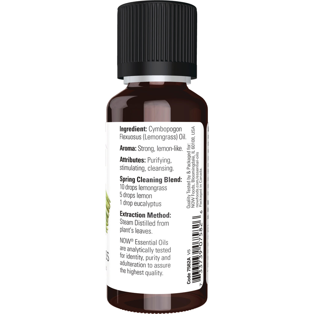 NWF1125 | Back label of lemongrass essential oil bottle showing ingredients, aroma, extraction method and barcode - Thumbnail
