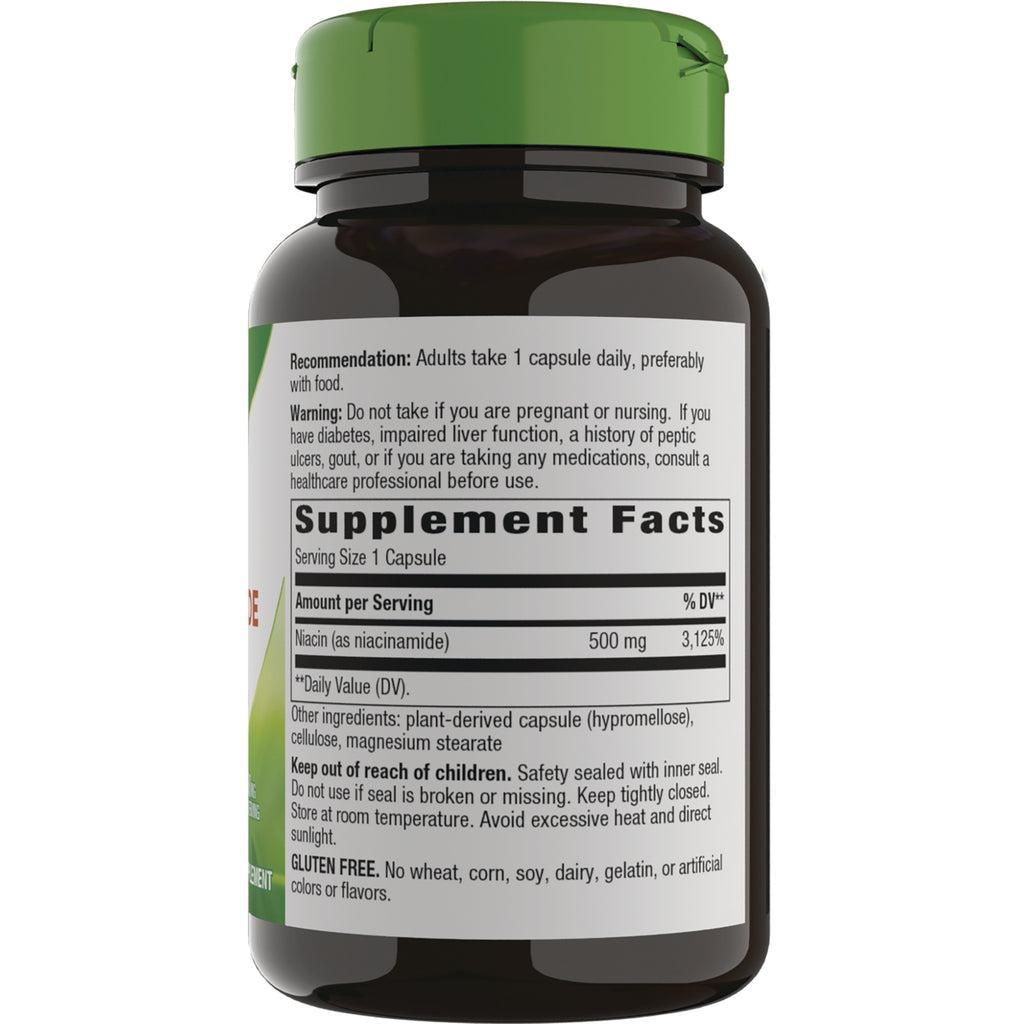 NW328 | Back of brown supplement bottle showing Supplement Facts panel with Serving Size 1 Capsule and niacin 500 mg - Thumbnail