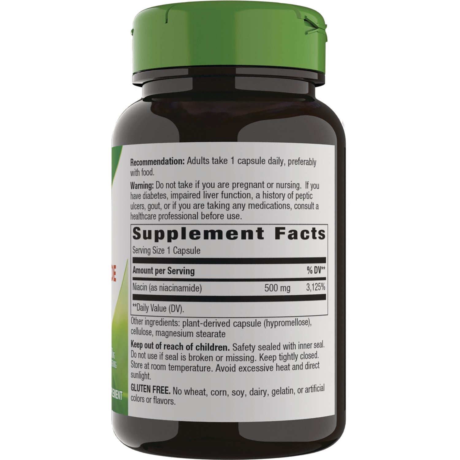 NW328 | Back of brown supplement bottle showing Supplement Facts panel with Serving Size 1 Capsule and niacin 500 mg