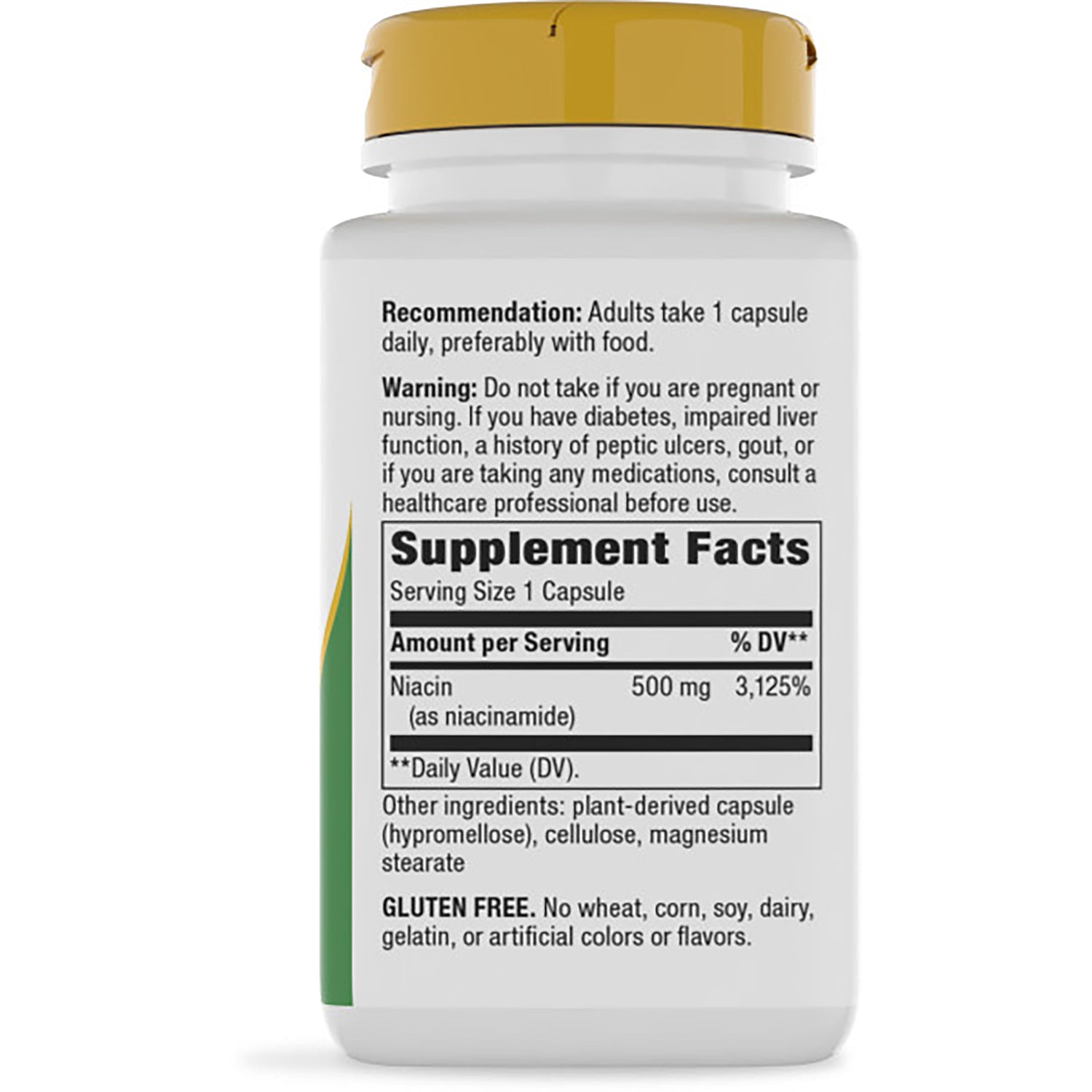 NW328 | Back of brown supplement bottle showing Supplement Facts panel with Serving Size 1 Capsule and niacin 500 mg