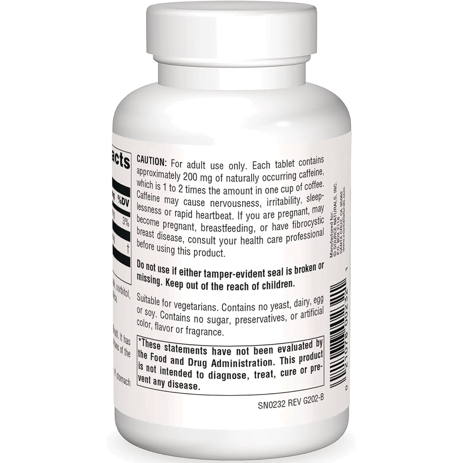 SN296 | Supplement bottle back label with caution text, ingredients details, barcode, and FDA statement
