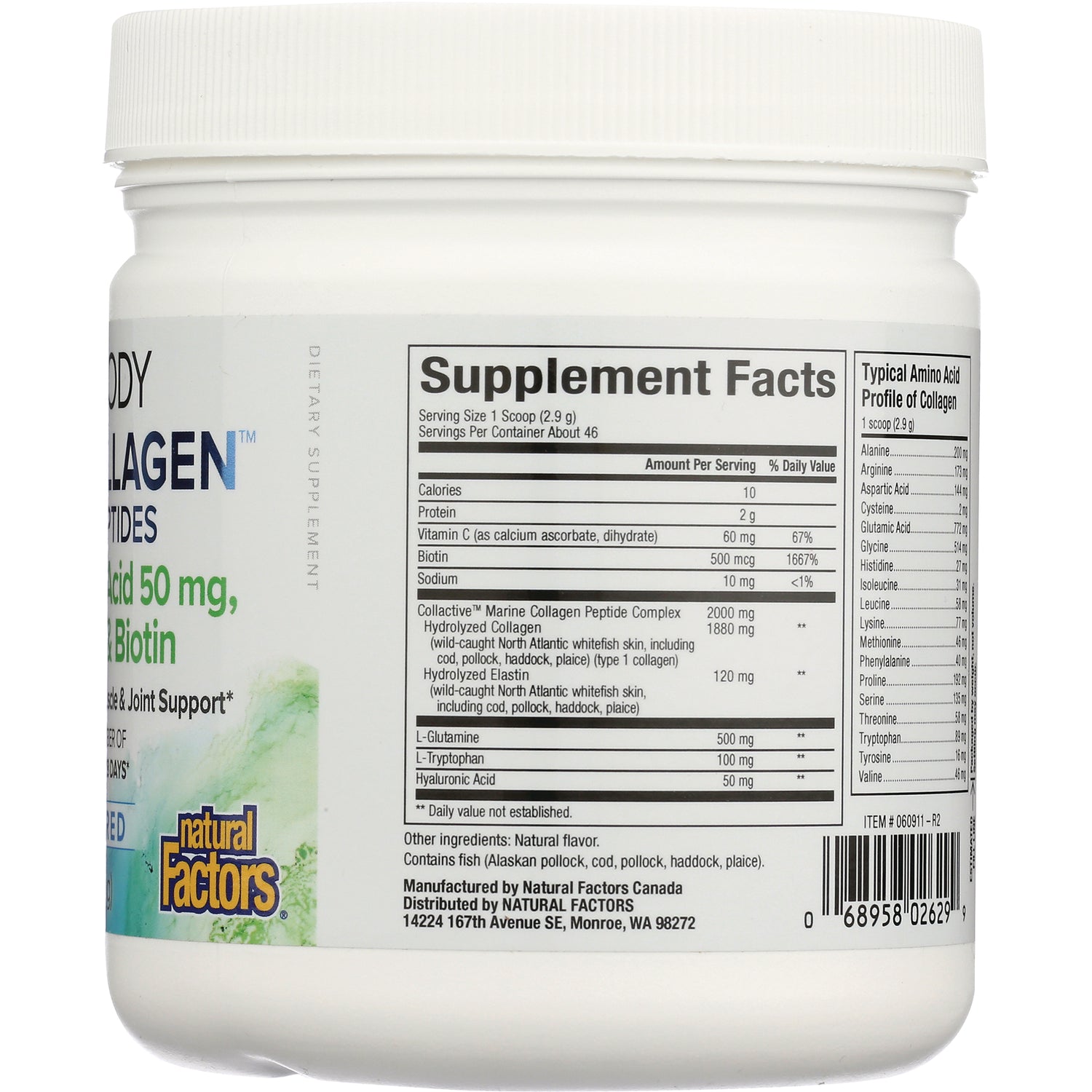 NFC202 | Supplement facts panel and barcode on back of white Natural Factors supplement jar