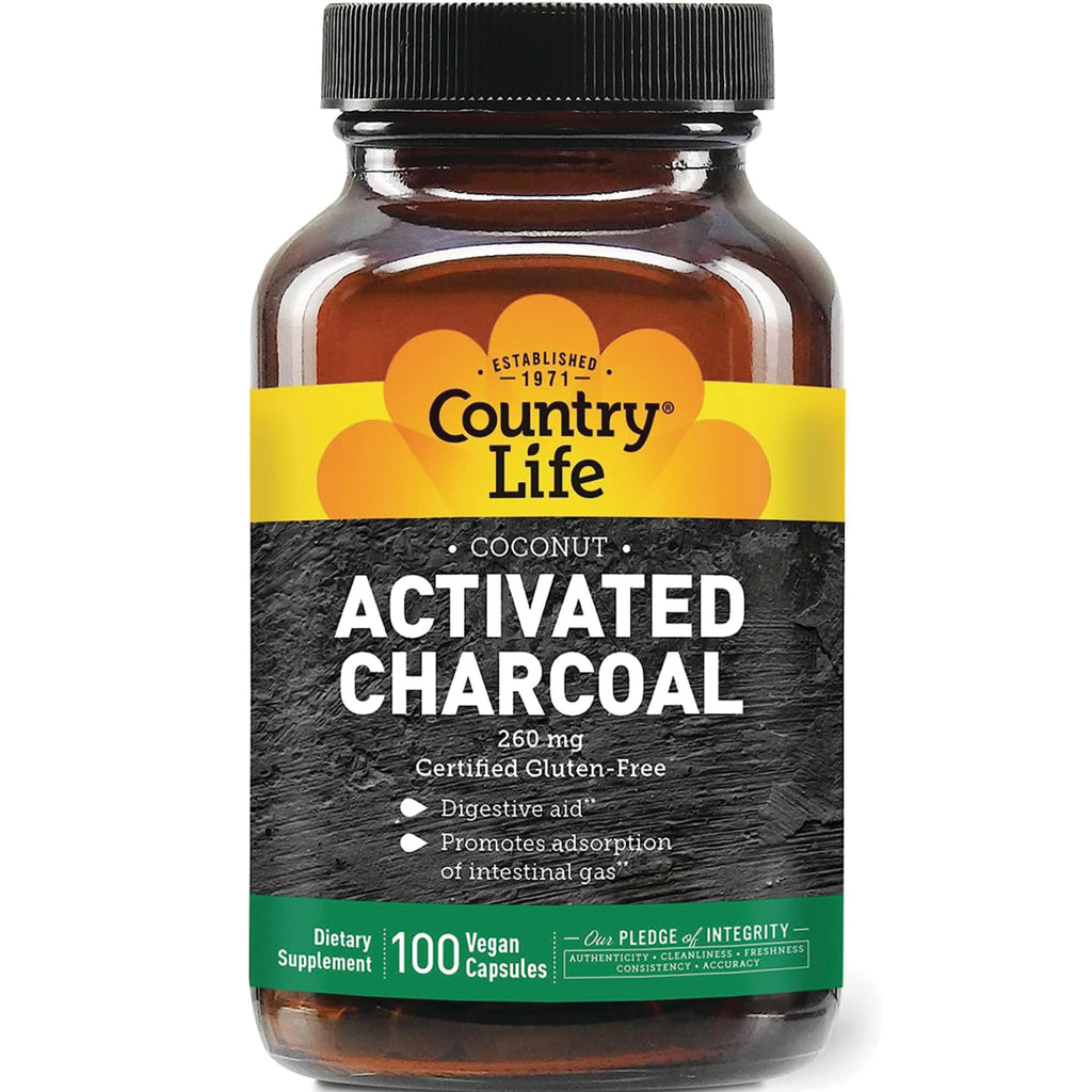 CRL424 | Country Life Coconut Activated Charcoal 260 mg dietary supplement bottle front label showing 100 vegan capsules - Thumbnail