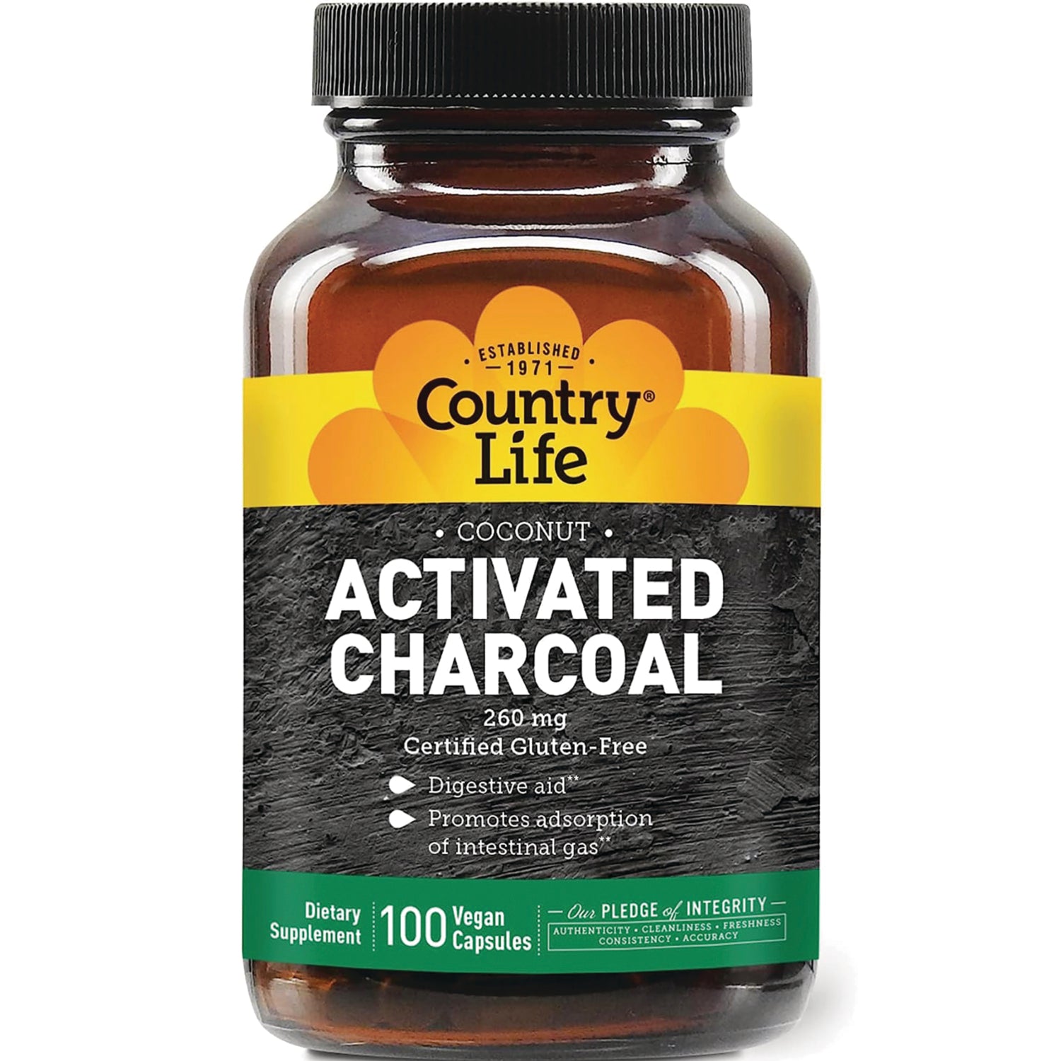 CRL424 | Country Life Coconut Activated Charcoal 260 mg dietary supplement bottle front label showing 100 vegan capsules