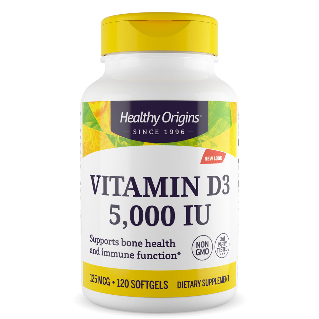 HRG071 | Healthy Origins Vitamin D3 5,000 IU white bottle with yellow cap front label - Thumbnail