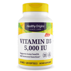 HRG071 | Healthy Origins Vitamin D3 5,000 IU white bottle with yellow cap front label