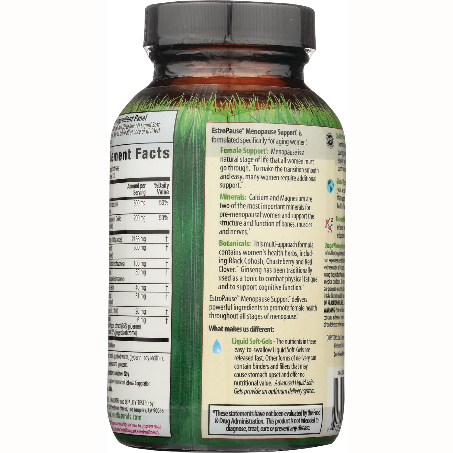 IR074 | back label of supplement bottle showing Supplement Facts panel and EstroPause Menopause Support description