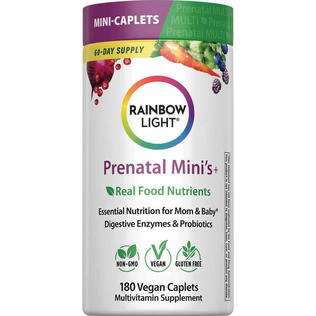 RBL176 | Rainbow Light Prenatal Mini's+ 180 vegan caplets bottle front with Real Food Nutrients and non-GMO vegan gluten free icons - Thumbnail