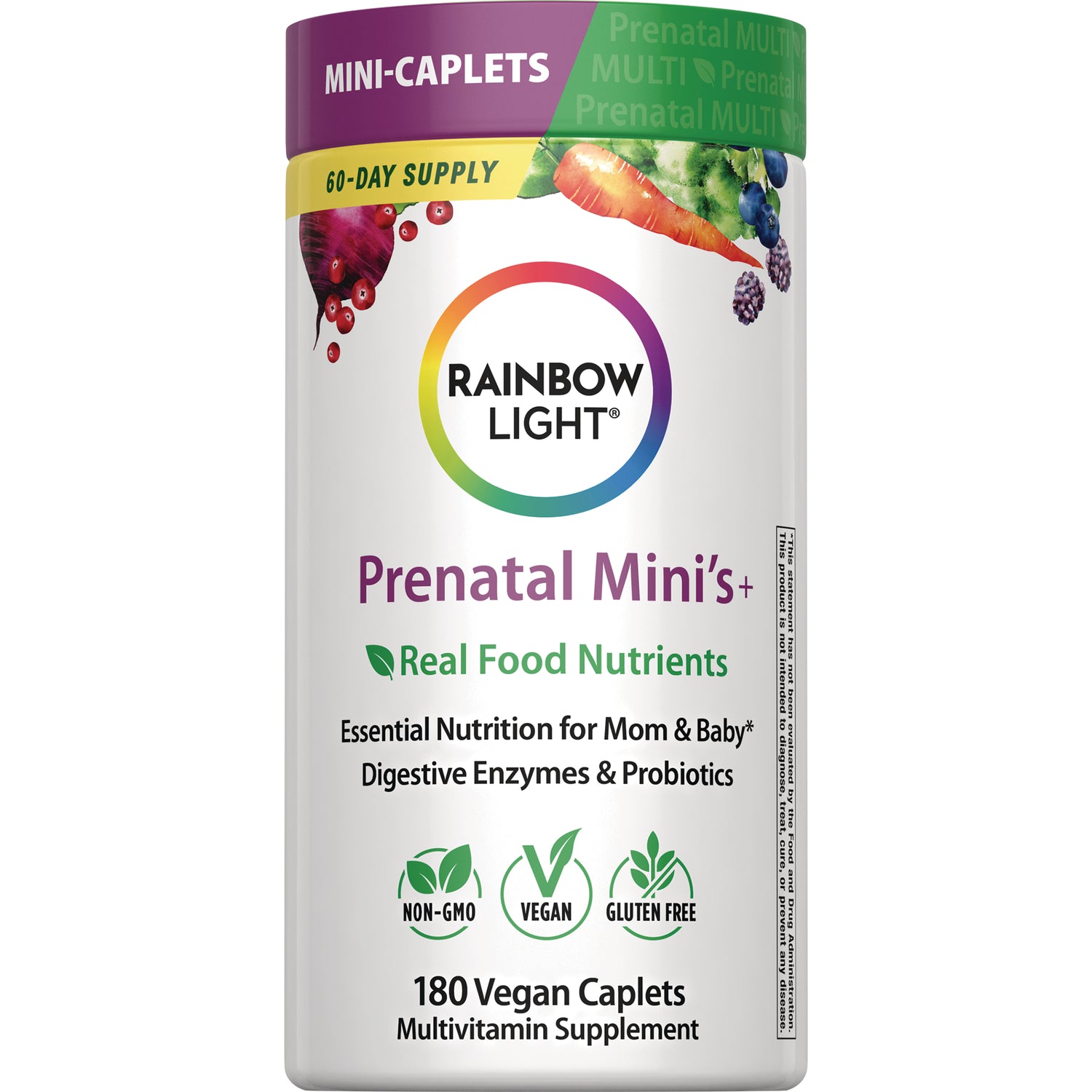 RBL176 | Rainbow Light Prenatal Mini's+ 180 vegan caplets bottle front with Real Food Nutrients and non-GMO vegan gluten free icons