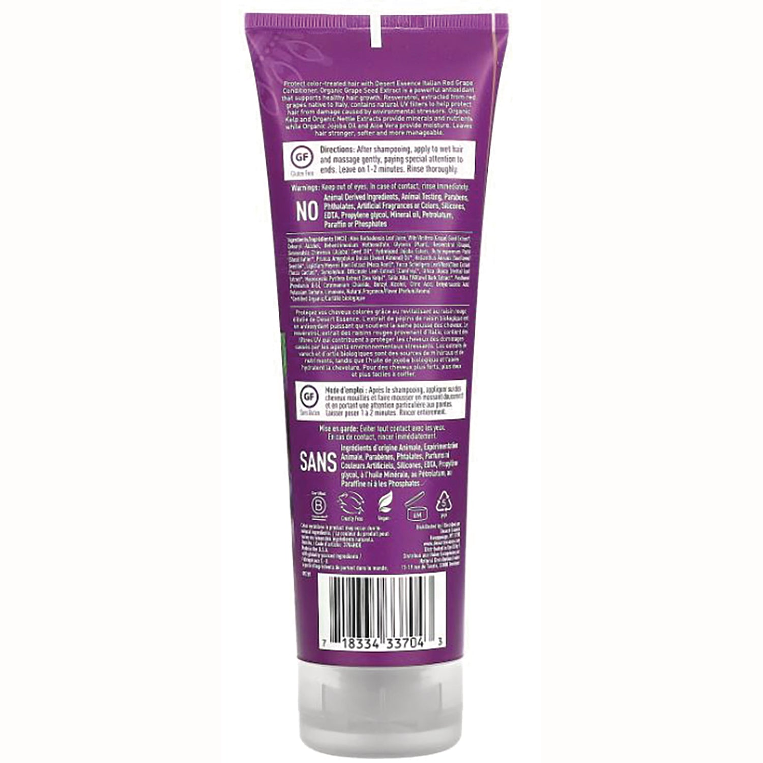 Back of purple tube showing directions, ingredients list, certification icons and barcode