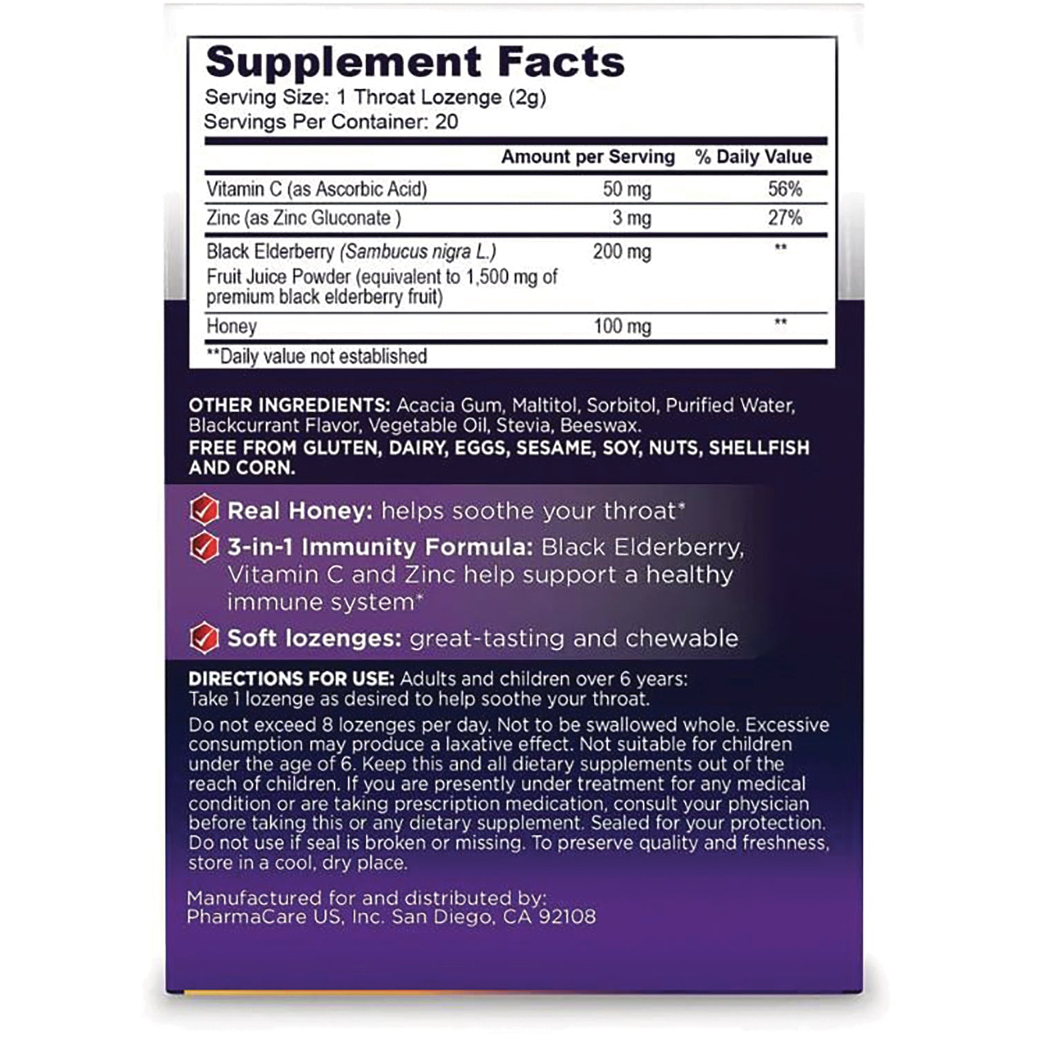 SMB013 | Back label with Supplement Facts, ingredients, directions, and gluten/dairy/egg/soy-free statement
