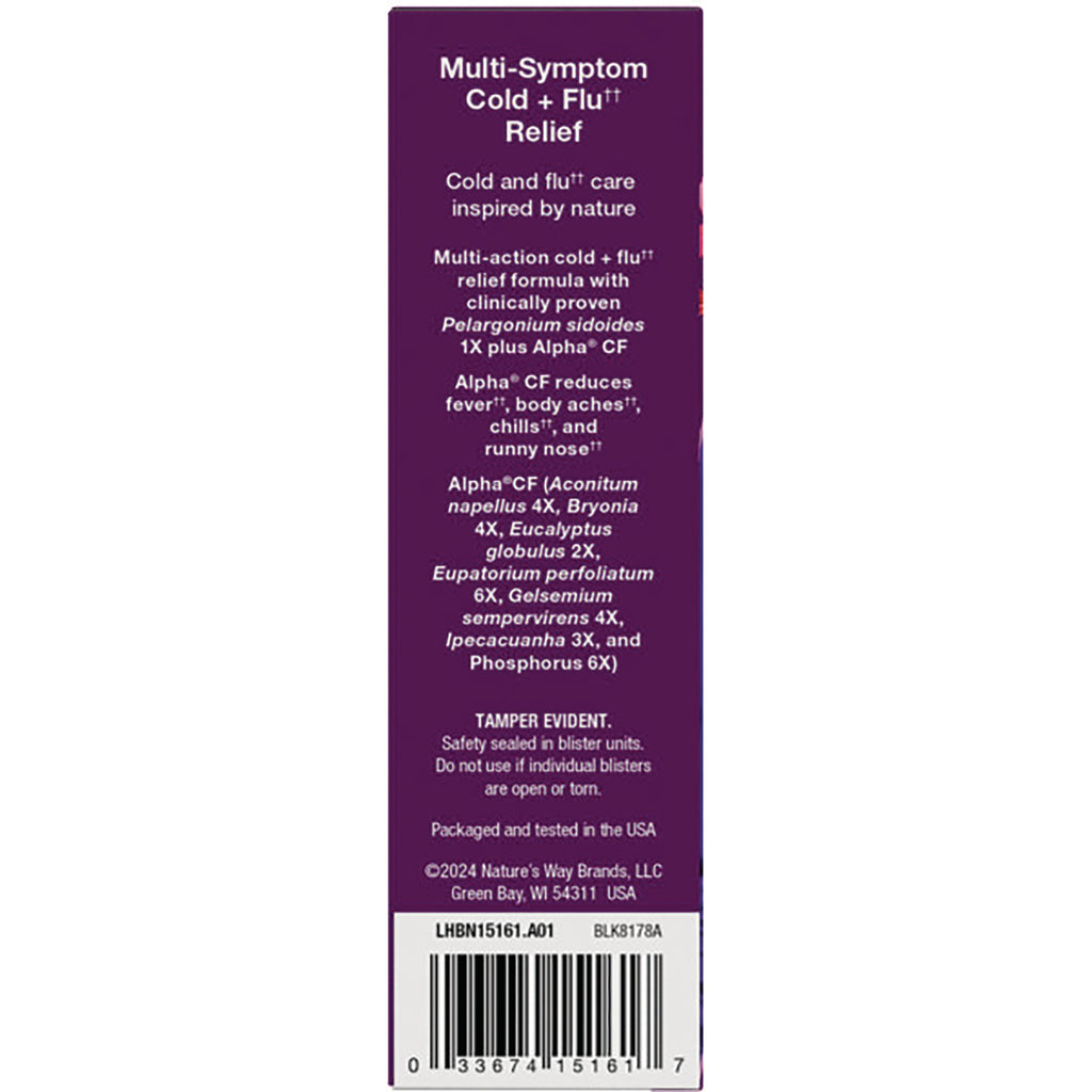 NW745 | Tall purple product panel listing Multi-Symptom Cold + Flu Relief, active ingredients, tamper warning and barcode - Thumbnail