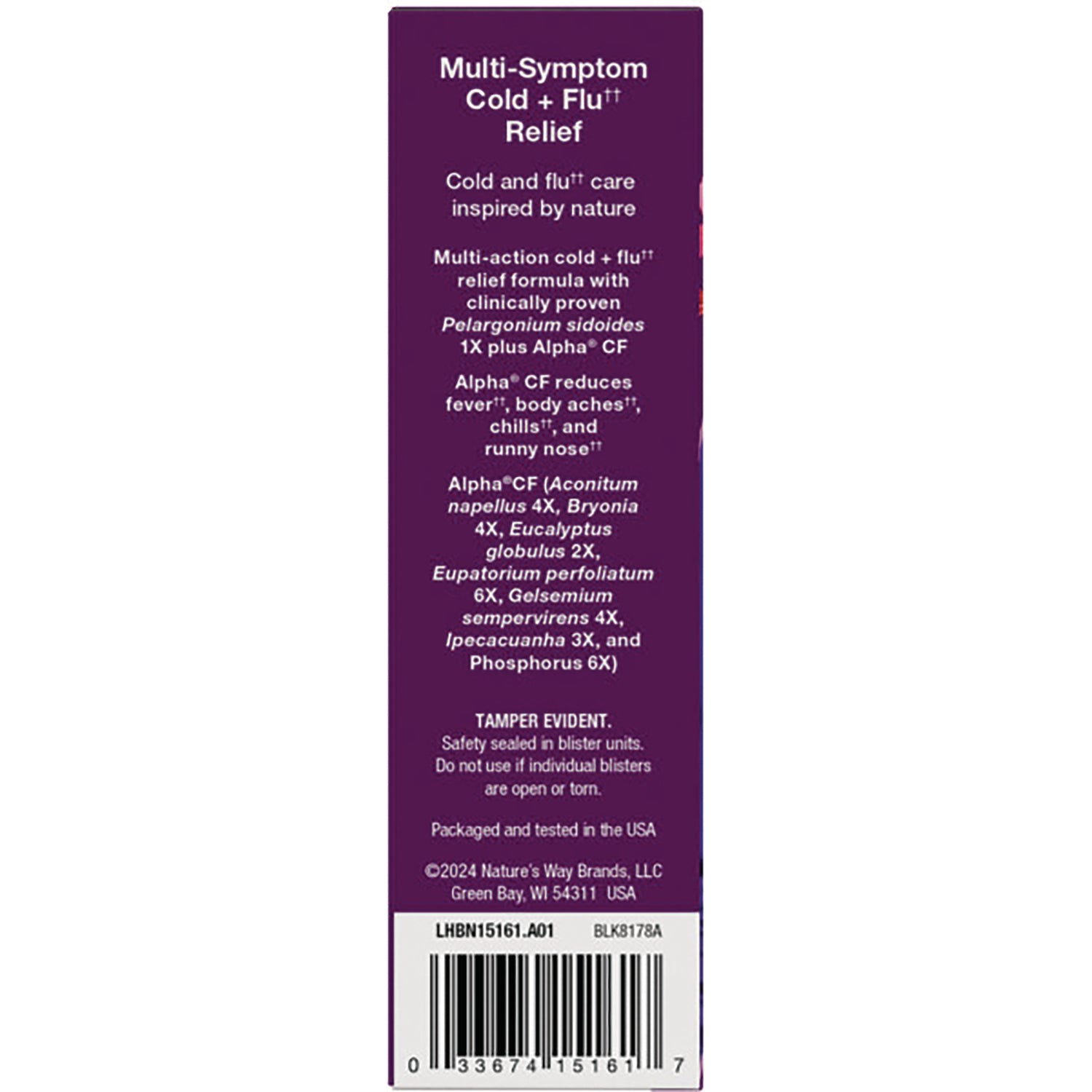 NW745 | Tall purple product panel listing Multi-Symptom Cold + Flu Relief, active ingredients, tamper warning and barcode