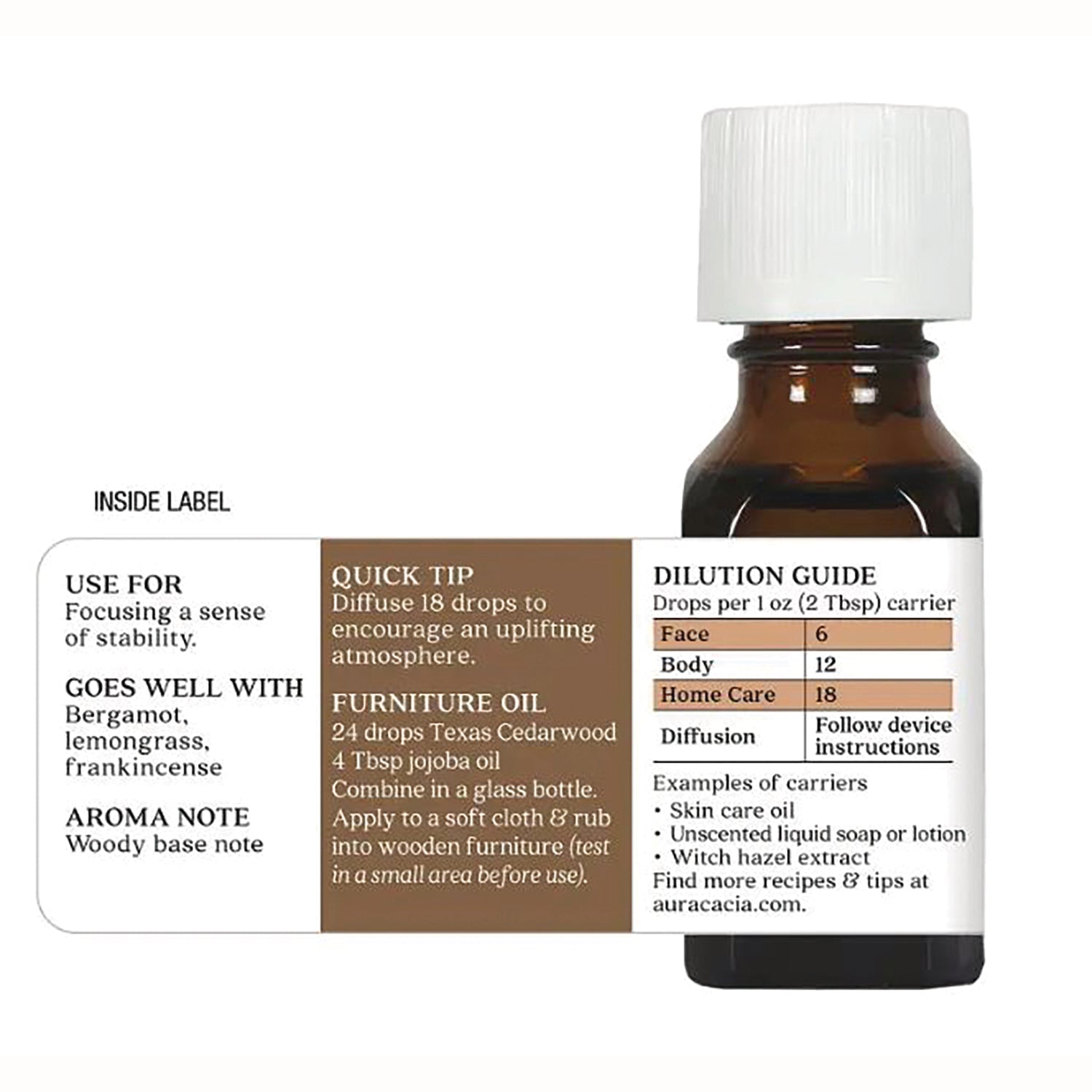 ARC011 | back label of amber essential oil bottle with dilution guide, use suggestions, quick tip, and furniture oil recipe