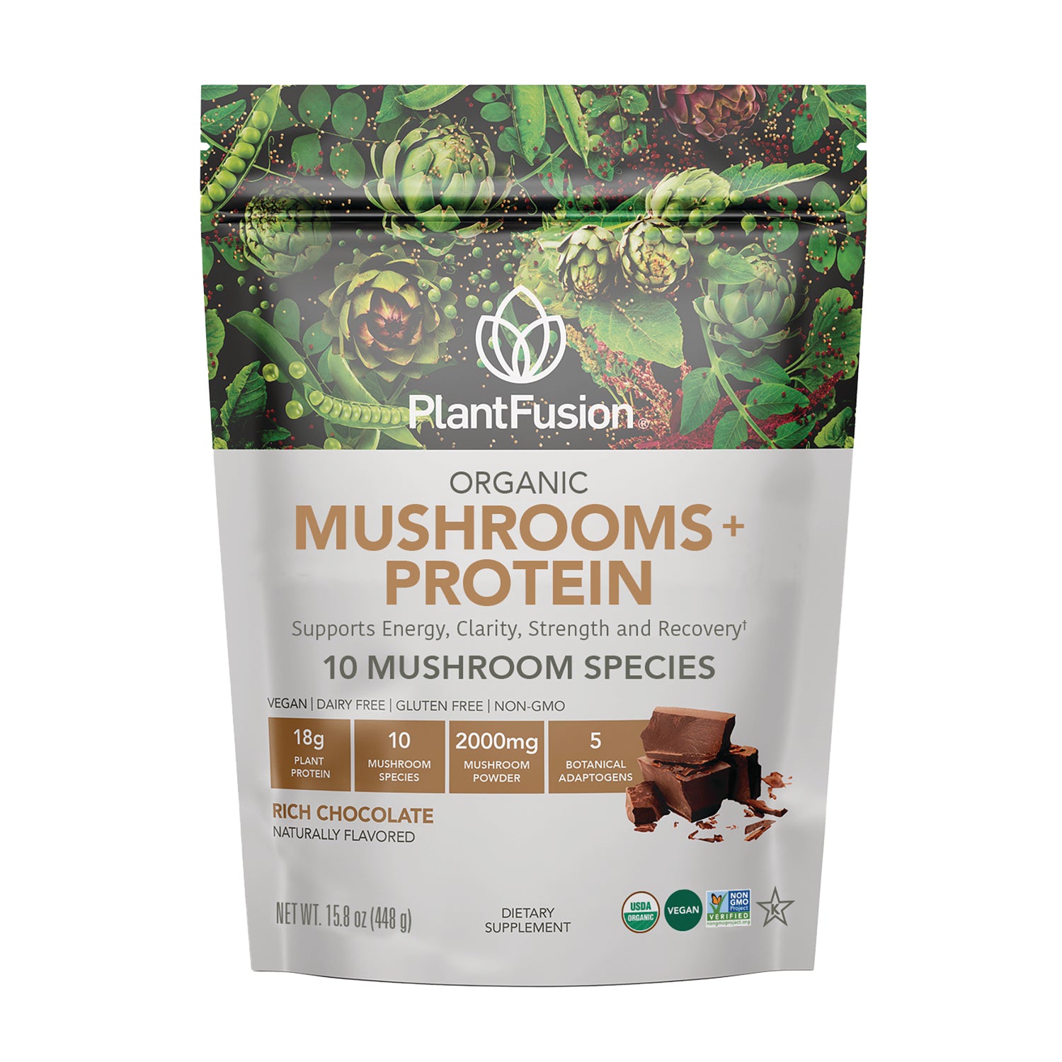 PFU031 | PlantFusion Organic Mushrooms + Protein pouch, Rich Chocolate flavor front packaging