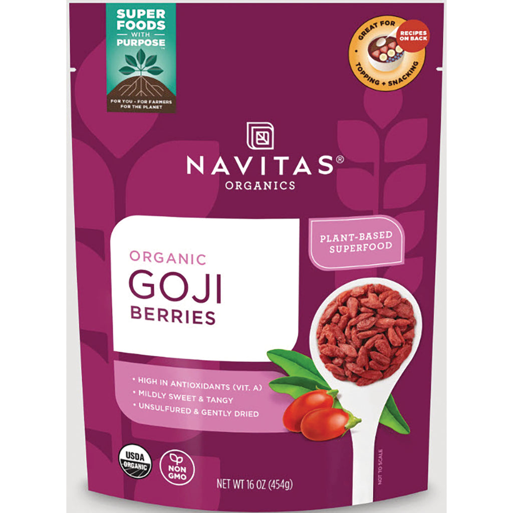 Navitas Organics front pouch labeled ORGANIC GOJI BERRIES with spoon of dried goji berries and product claims - Thumbnail