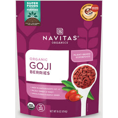 Navitas Organics front pouch labeled ORGANIC GOJI BERRIES with spoon of dried goji berries and product claims
