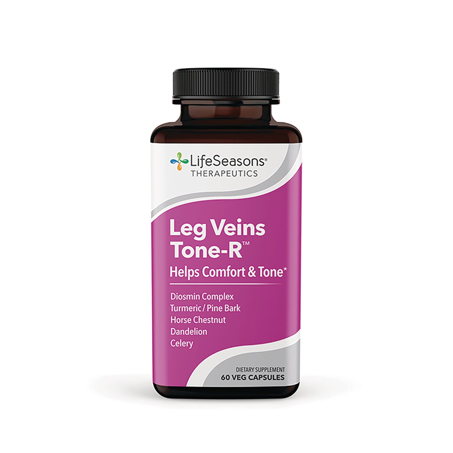 LSS009 | LifeSeasons Leg Veins Tone-R supplement bottle front label, 60 veg capsules, lists Diosmin complex, turmeric, horse chestnut
