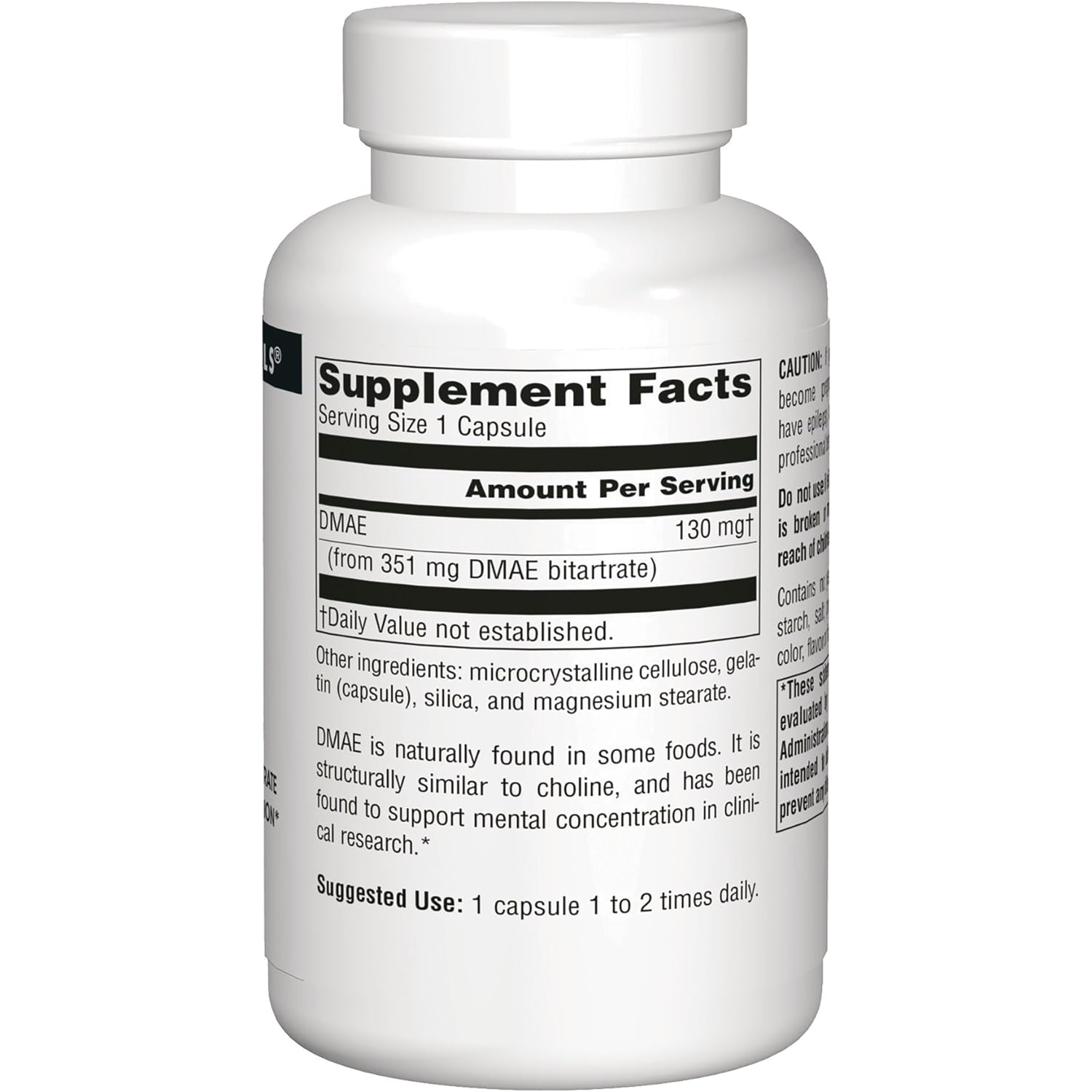 SN441 | Back label with Supplement Facts for DMAE 130 mg capsules and suggested use 1 capsule 12 times daily