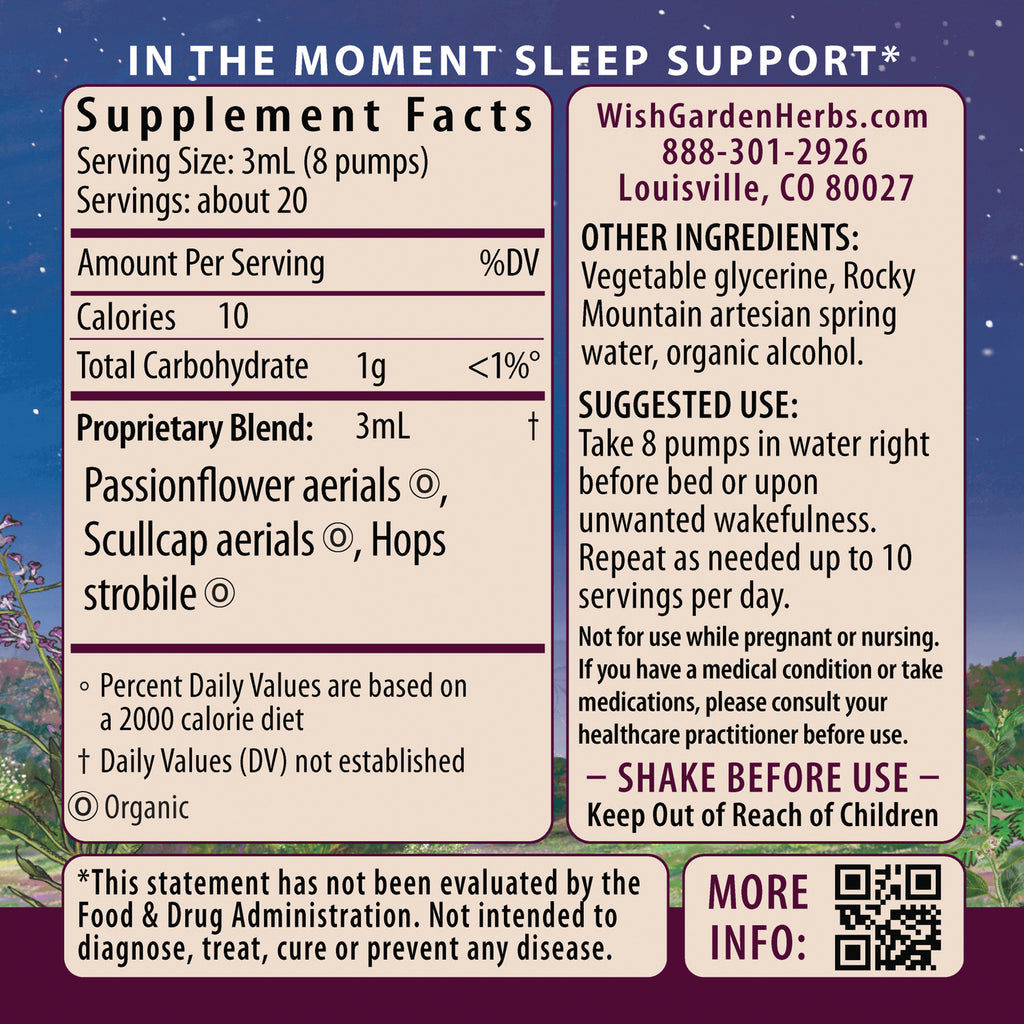 WGH006 | Back label with Supplement Facts; passionflower, scullcap, hops blend; suggested use: 8 pumps; WishGardenHerbs.com - Thumbnail
