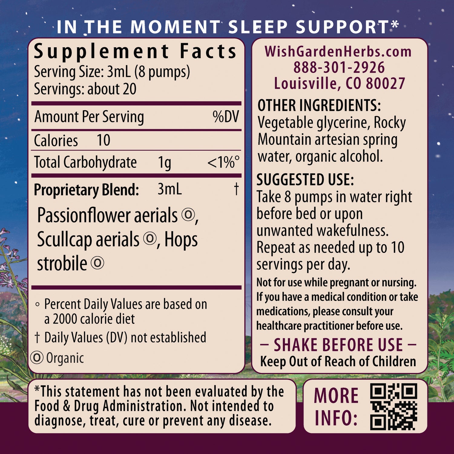 WGH006 | Back label with Supplement Facts; passionflower, scullcap, hops blend; suggested use: 8 pumps; WishGardenHerbs.com