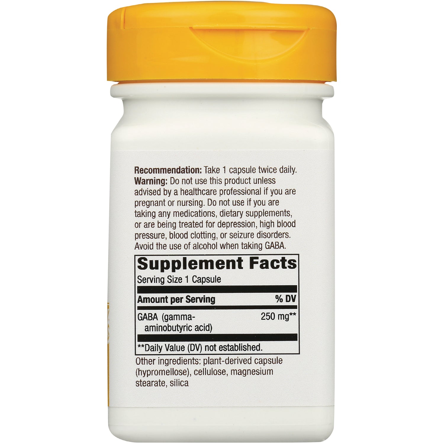 ET451 | Back of white supplement bottle showing Supplement Facts panel and warnings, GABA 250 mg, serving size 1 capsule