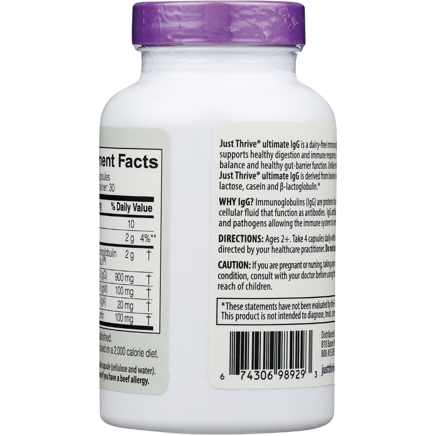 JTR006 | Back label of white supplement bottle showing directions, caution, barcode and partial nutrition facts
