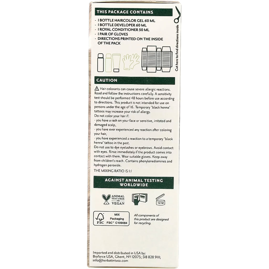 HBT009 | Back of Herbatint hair color box listing Royal Conditioner 50 ml, application tips, customize color info, 0% ammonia alcohol parabens and QR code - Thumbnail