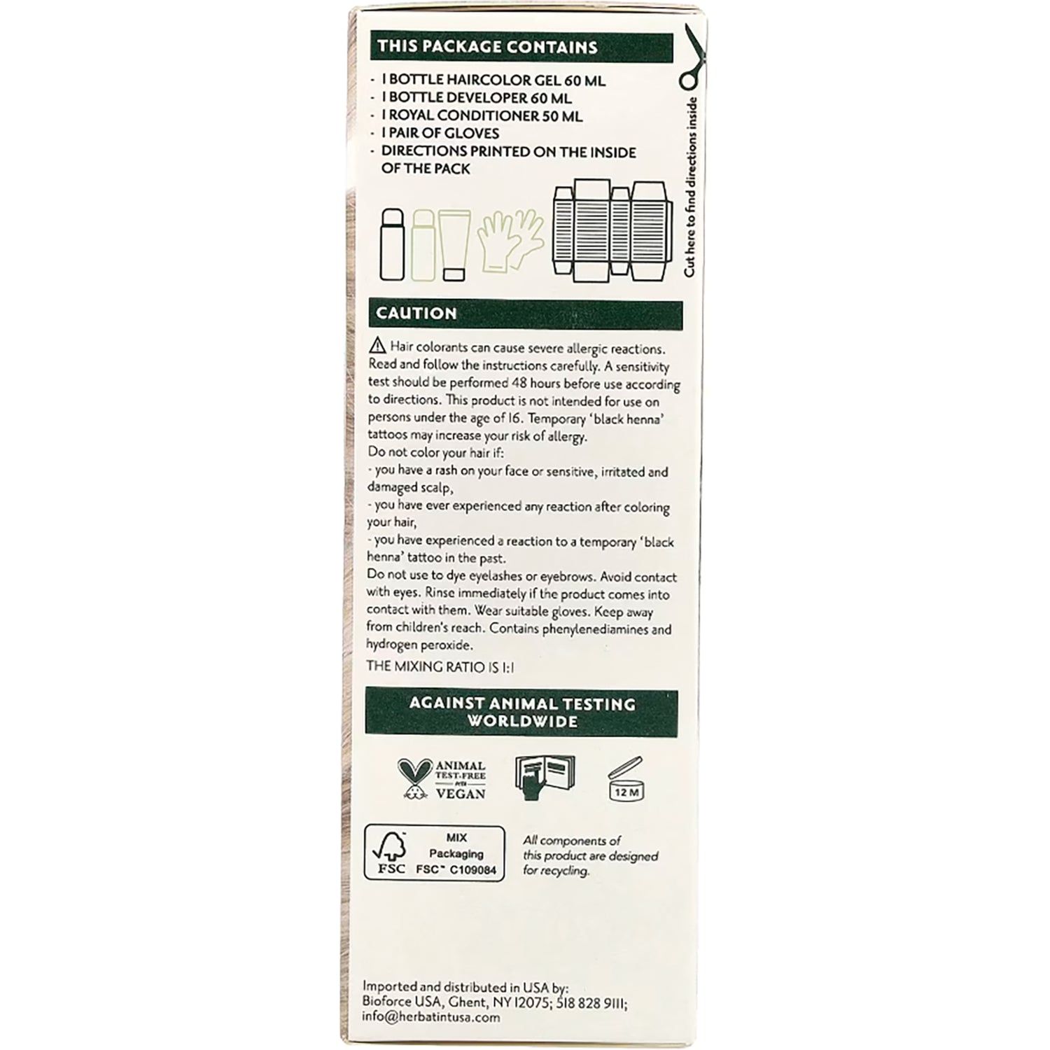 HBT009 | Back of Herbatint hair color box listing Royal Conditioner 50 ml, application tips, customize color info, 0% ammonia alcohol parabens and QR code