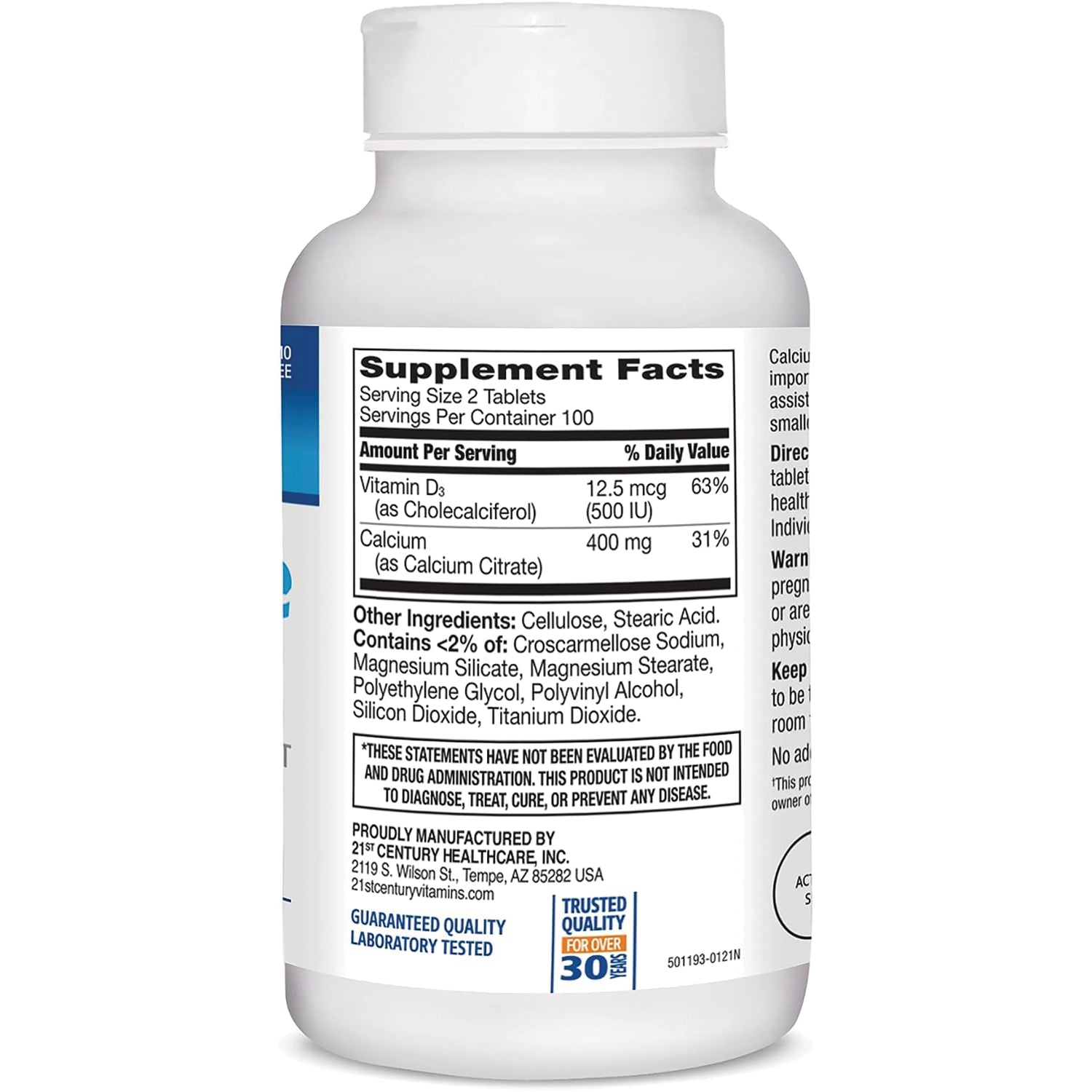 CNT279 | back label with Supplement Facts panel listing Vitamin D3 500 IU, Calcium 400 mg, and other ingredients