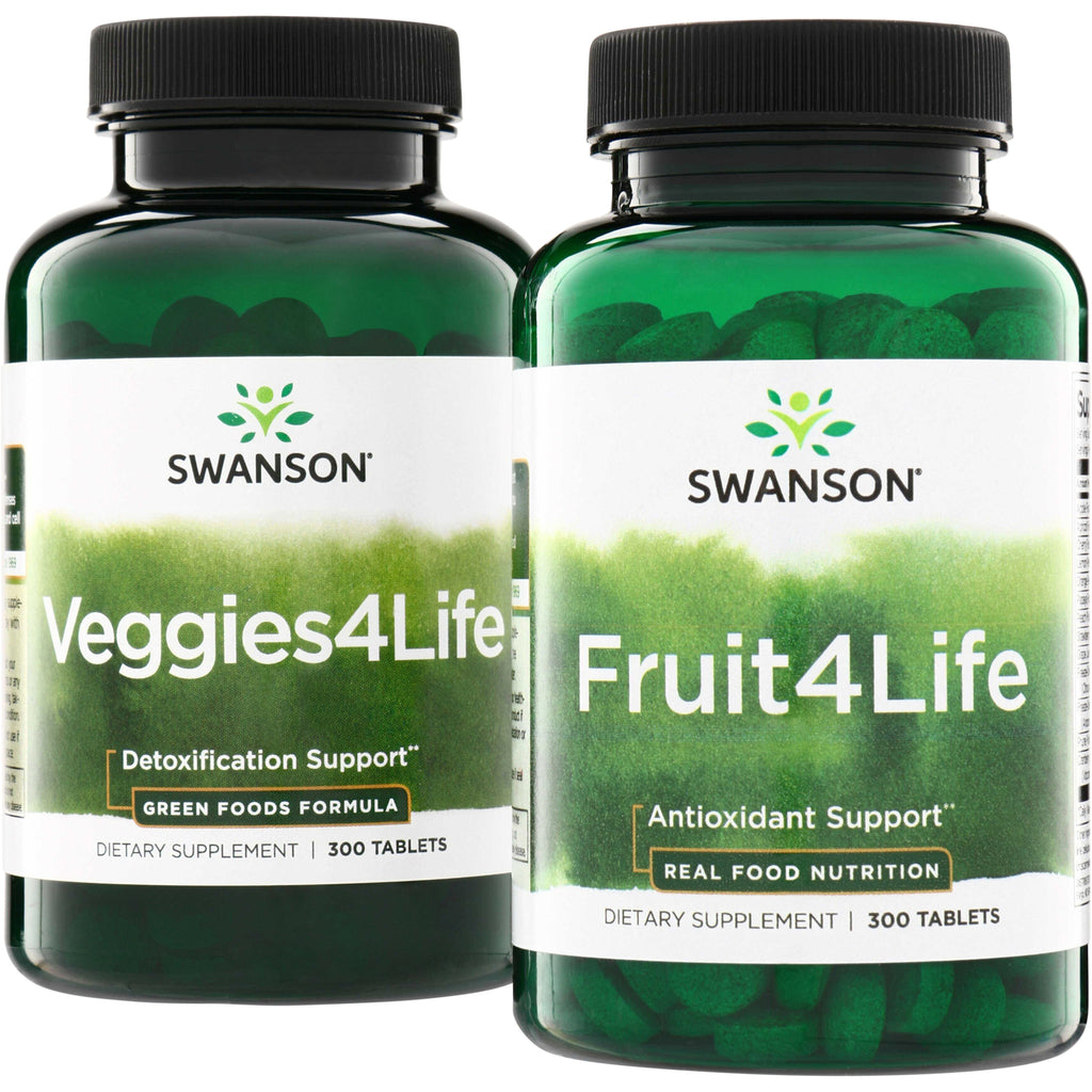 SWR093 | Two Swanson supplement bottles Veggies4Life and Fruit4Life with green labels, 300 tablets each - Thumbnail