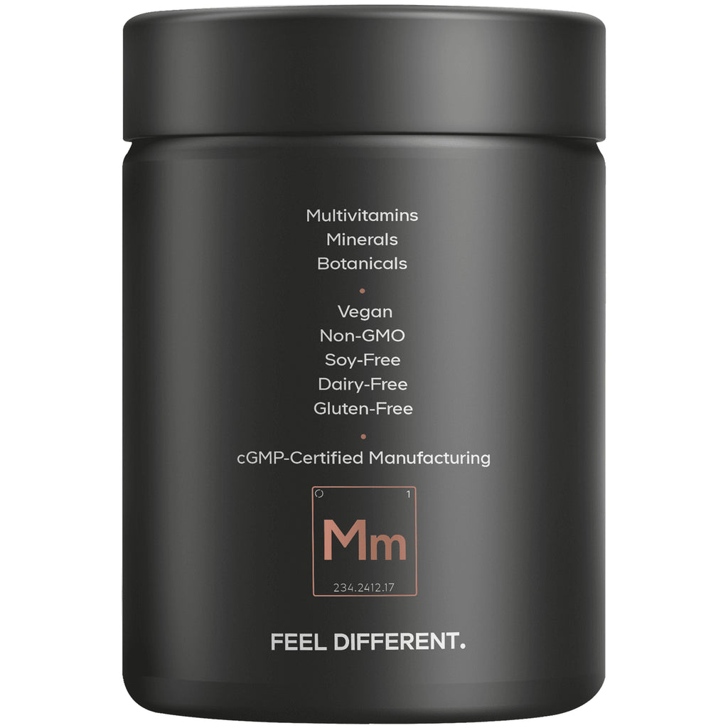 Back label of black supplement jar listing multivitamins, minerals, botanicals; vegan, non-GMO, soy-free, dairy-free, gluten-free - Thumbnail