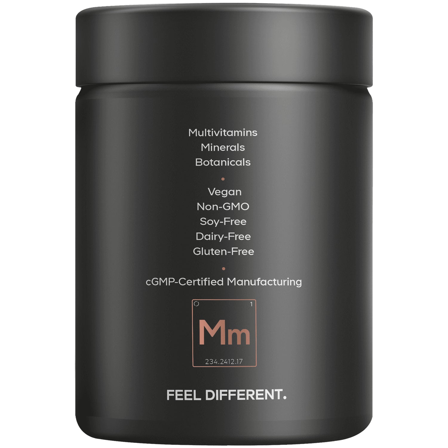 Back label of black supplement jar listing multivitamins, minerals, botanicals; vegan, non-GMO, soy-free, dairy-free, gluten-free