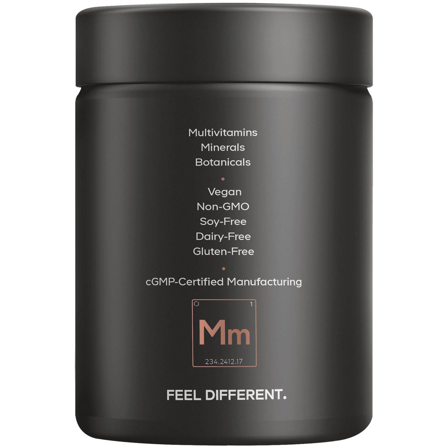 Back label of black supplement jar listing multivitamins, minerals, botanicals; vegan, non-GMO, soy-free, dairy-free, gluten-free