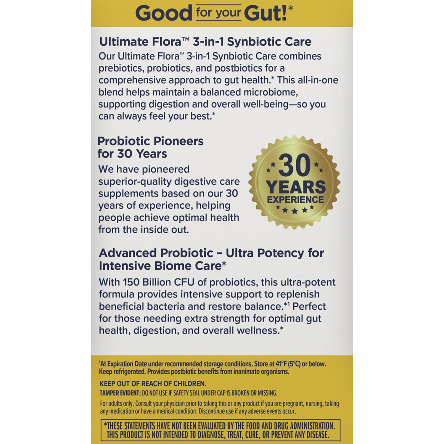RNL239 | Back panel of Renew Life box listing probiotic guarantees and icons including potency, delayed-release capsules, gluten-free