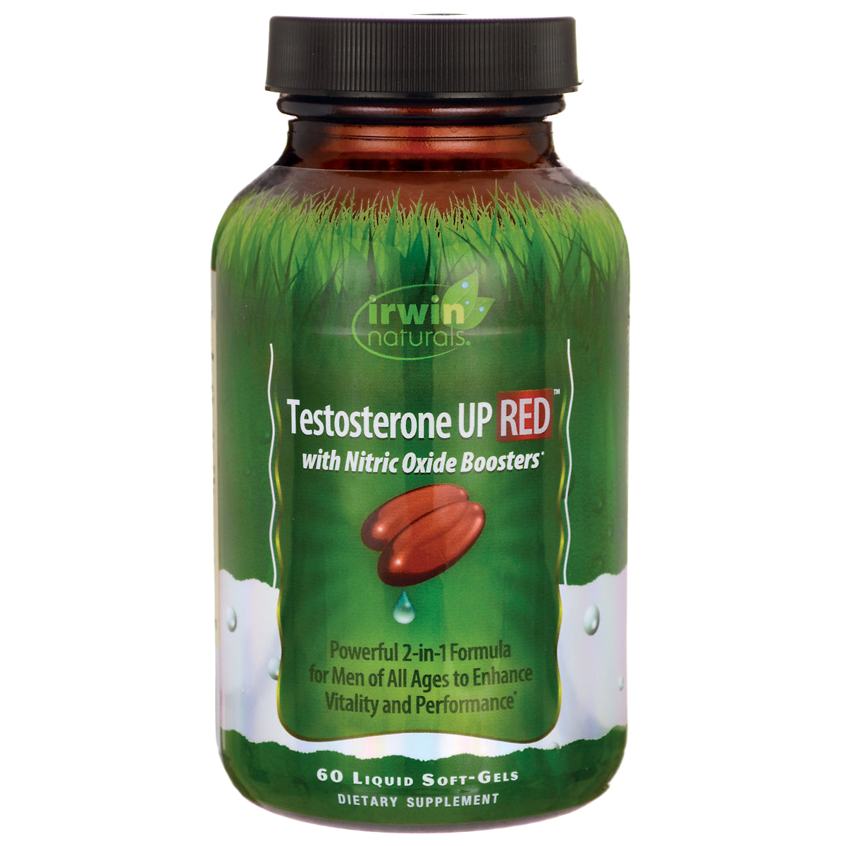 IR118 | Irwin Naturals Testosterone UP RED bottle front showing label with Nitric Oxide Boosters and red soft-gel image
