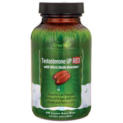 IR118 | Irwin Naturals Testosterone UP RED bottle front showing label with Nitric Oxide Boosters and red soft-gel image