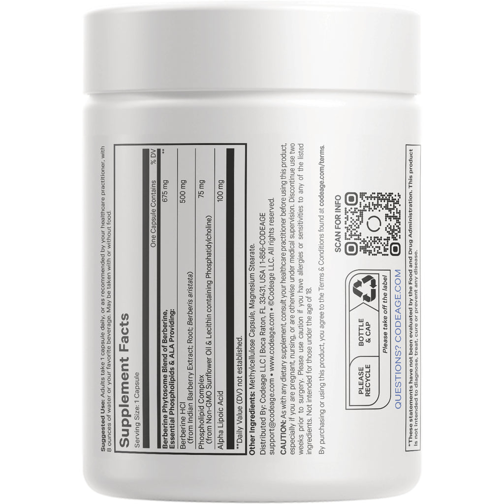 CDG013 | Back of white supplement bottle showing Supplement Facts panel, ingredient text, and QR code - Thumbnail