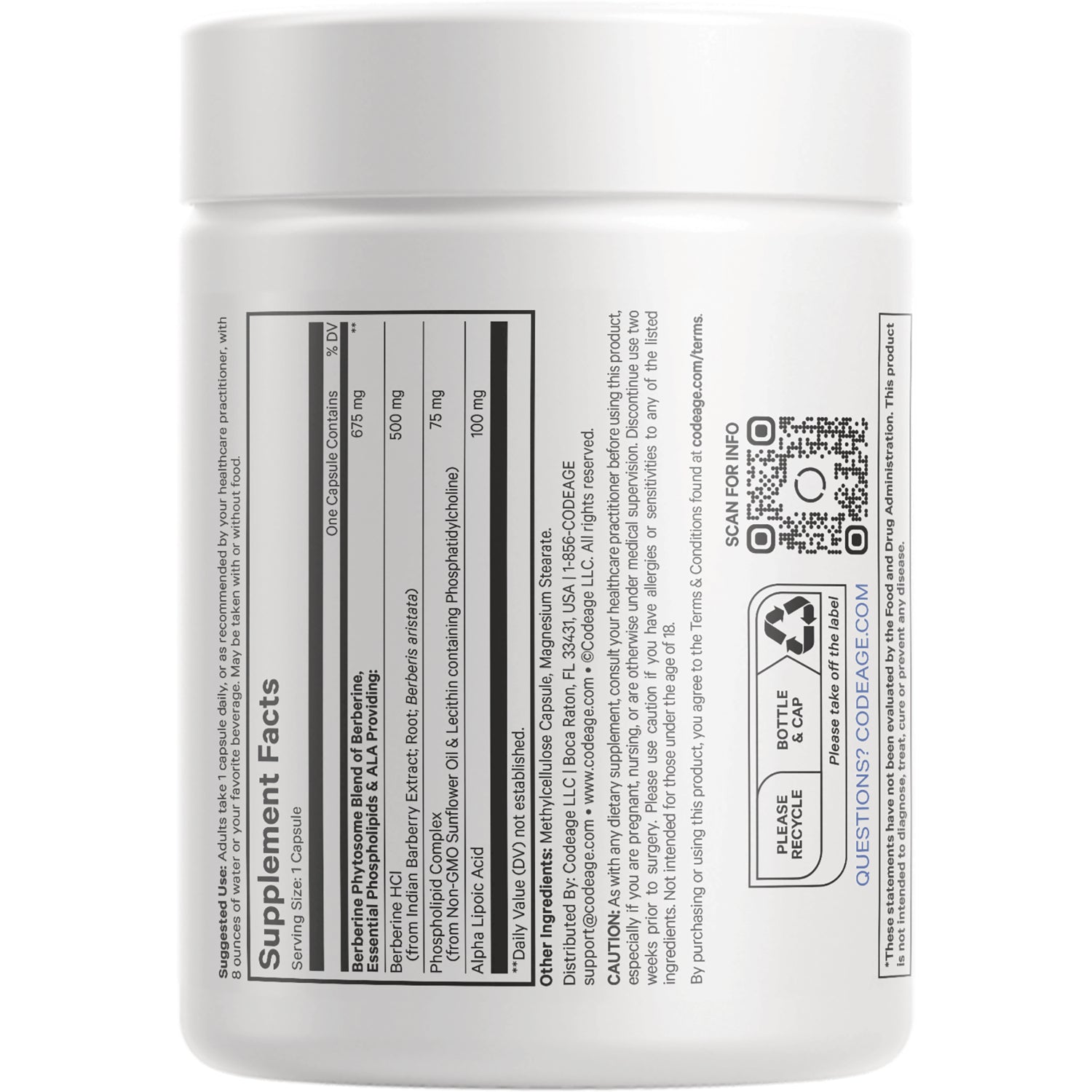 CDG013 | Back of white supplement bottle showing Supplement Facts panel, ingredient text, and QR code