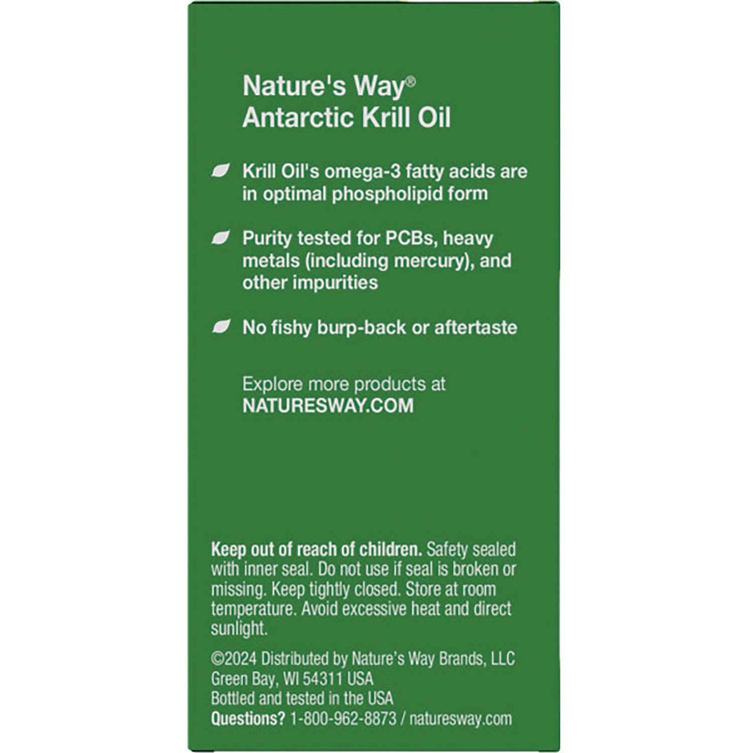 NW613 | Nature's Way Antarctic Krill Oil back panel listing benefits, purity testing, safety and distribution info