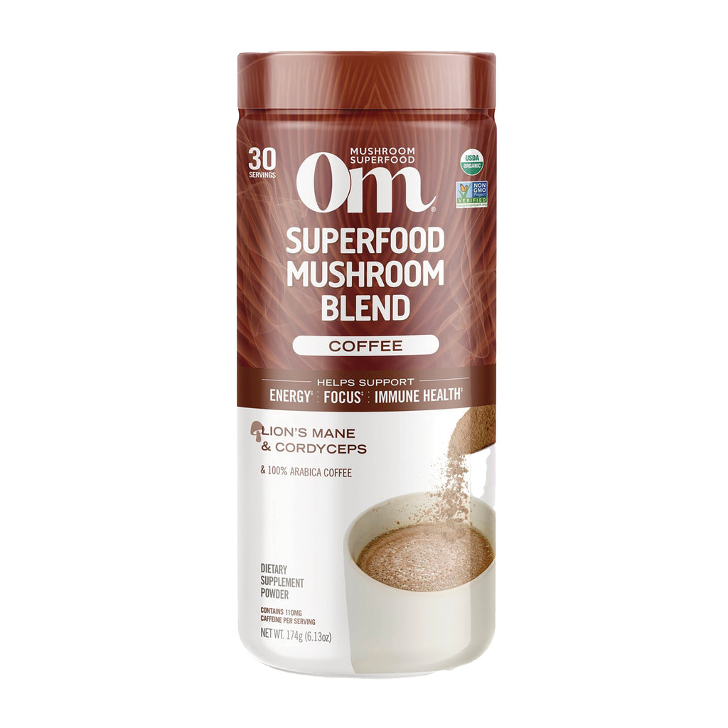 MMX050 | Superfood Mushroom Blend coffee powder canister with powder pouring into a mug - Thumbnail