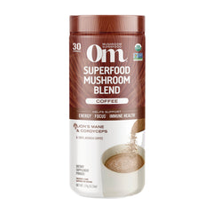 MMX050 | Superfood Mushroom Blend coffee powder canister with powder pouring into a mug
