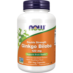 NWF1048 | White bottle of NOW Double Strength Ginkgo Biloba 120 mg with orange label reading 200 Veg Capsules