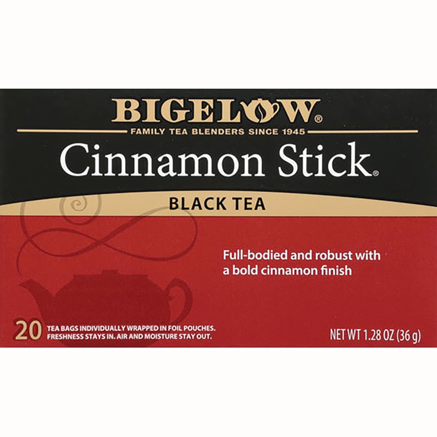 BGT004 | Bigelow Cinnamon Stick black tea box front showing brand name, flavor, and 20 tea bags