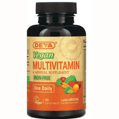 DEV002 | DEVA Vegan multivitamin bottle label reading One Daily, iron-free, 90 coated tablets
