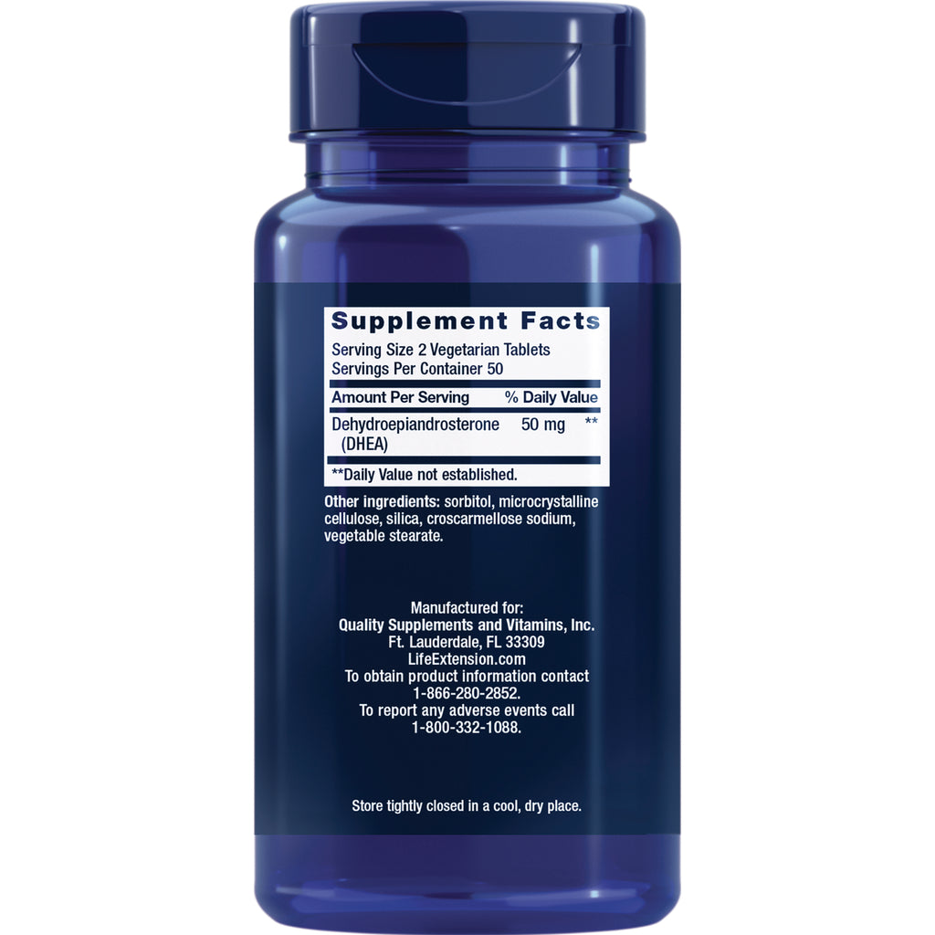 LE135 | back of blue supplement bottle showing Supplement Facts panel, Serving Size 2 Vegetarian Tablets and DHEA 50 mg - Thumbnail