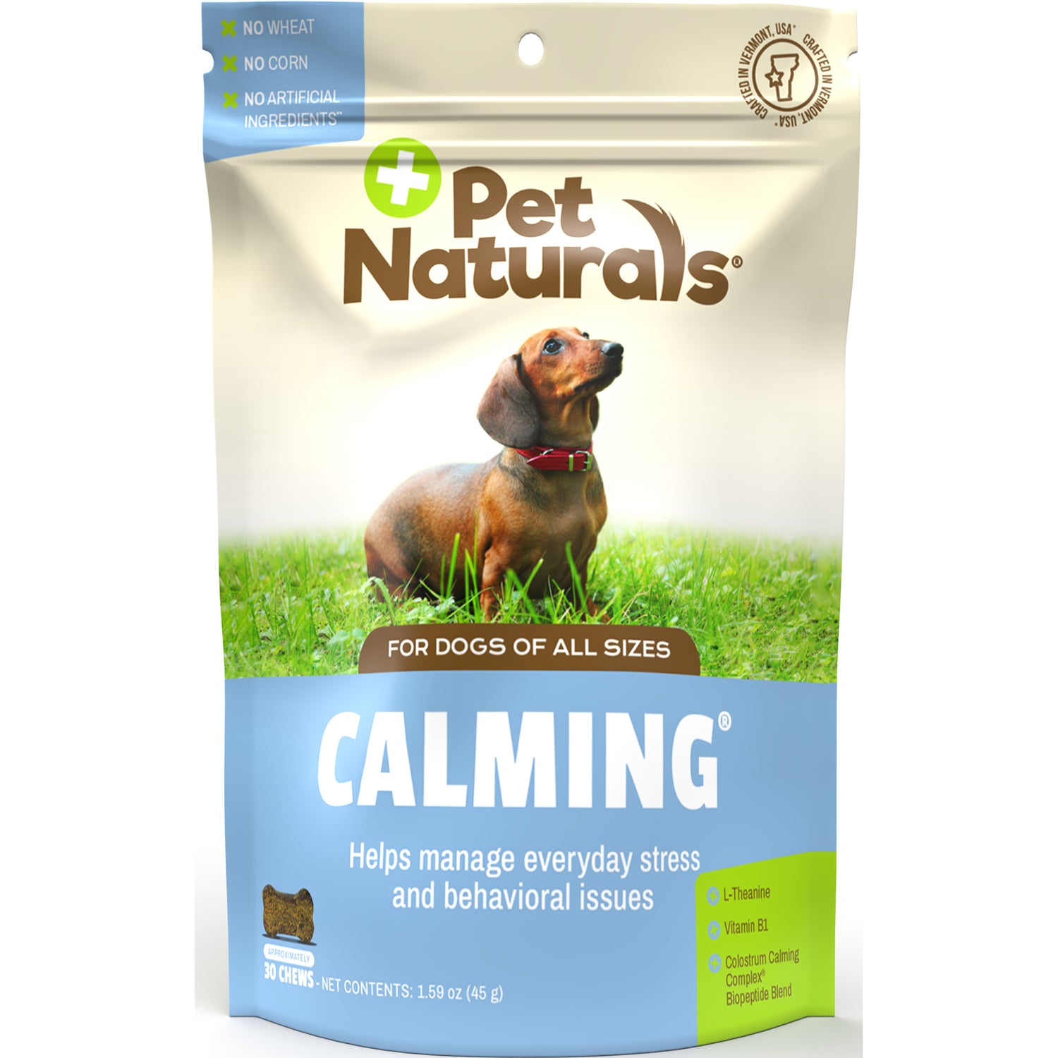 PTN073 | Pet Naturals CALMING pouch with dachshund on grass labeled for dogs of all sizes