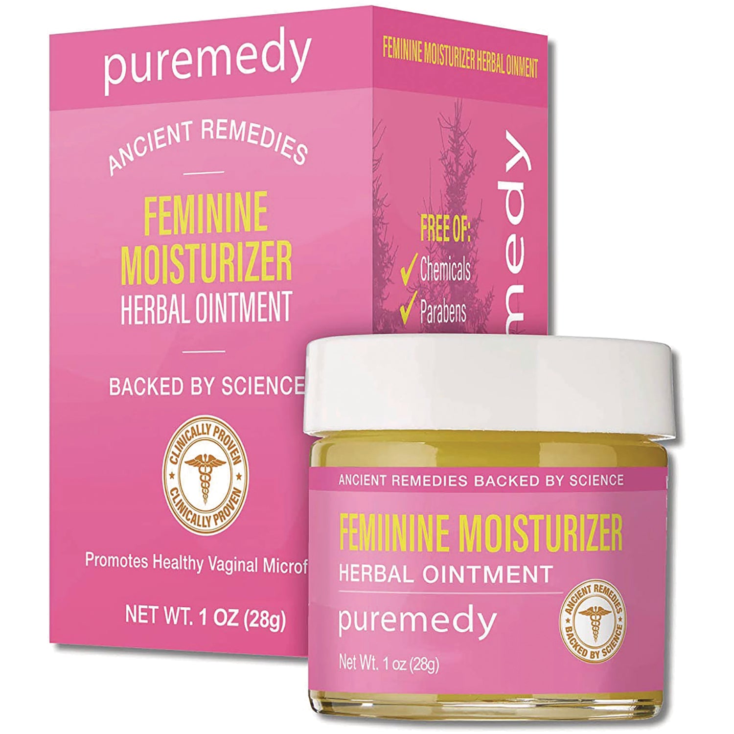 PRD001 | Puremedy feminine moisturizer herbal ointment jar and box, 1 oz