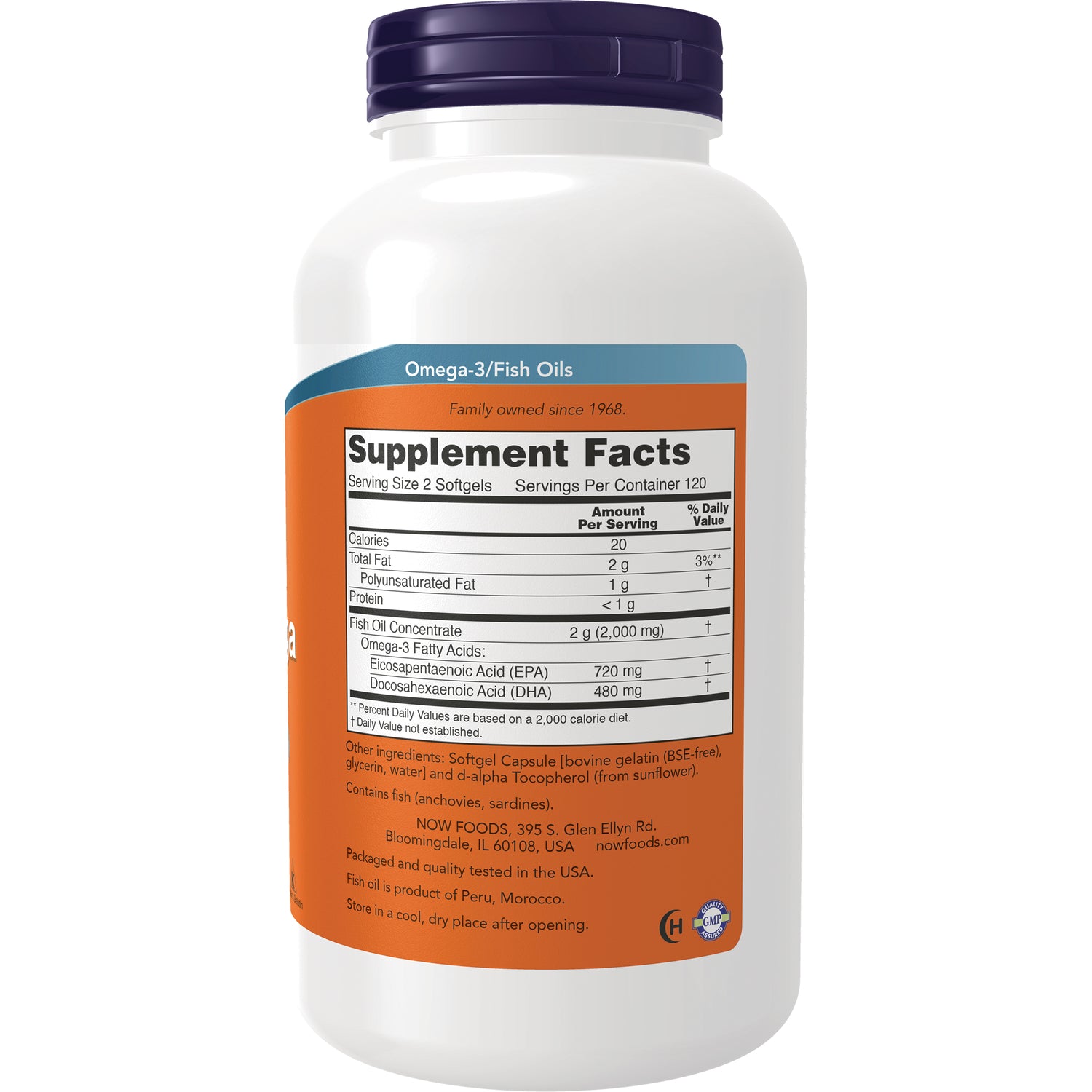NWF912 | back of white supplement bottle showing Supplement Facts label for Omega-3 fish oils with EPA 720 mg and DHA 480 mg